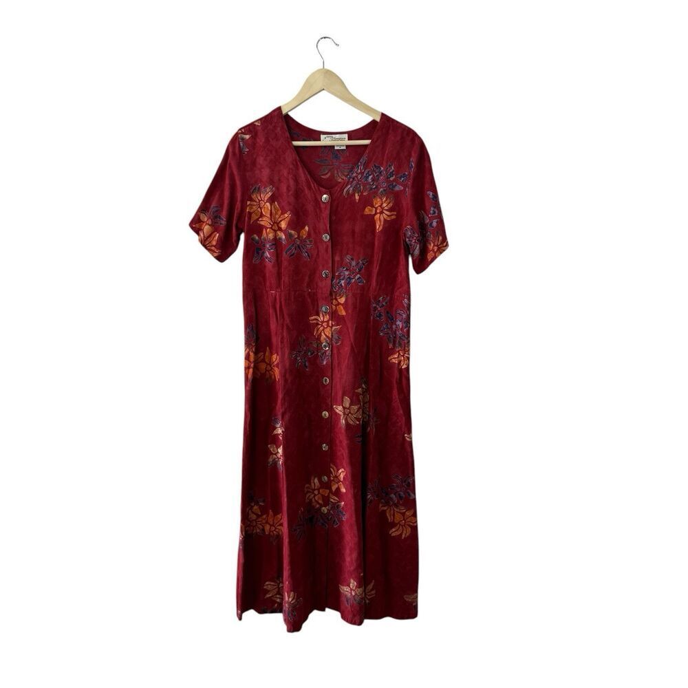 Norm Thompson Medium Shell Button Up Dress Red Rayon Batik Midi Maxi Womens